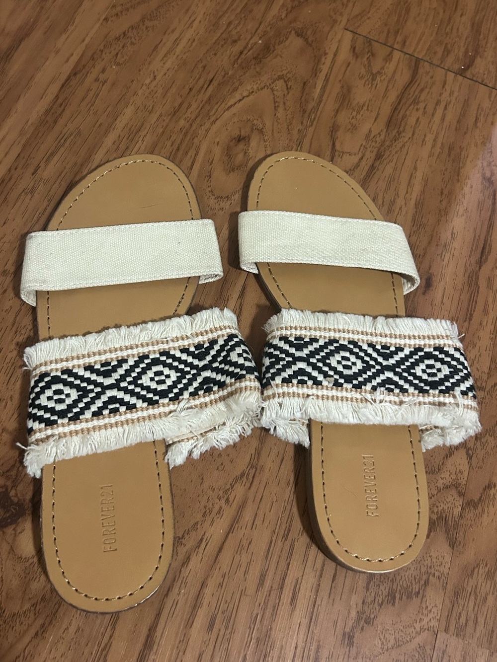 Forever 21 Cream & Black Fringe Slide Sandals - Women